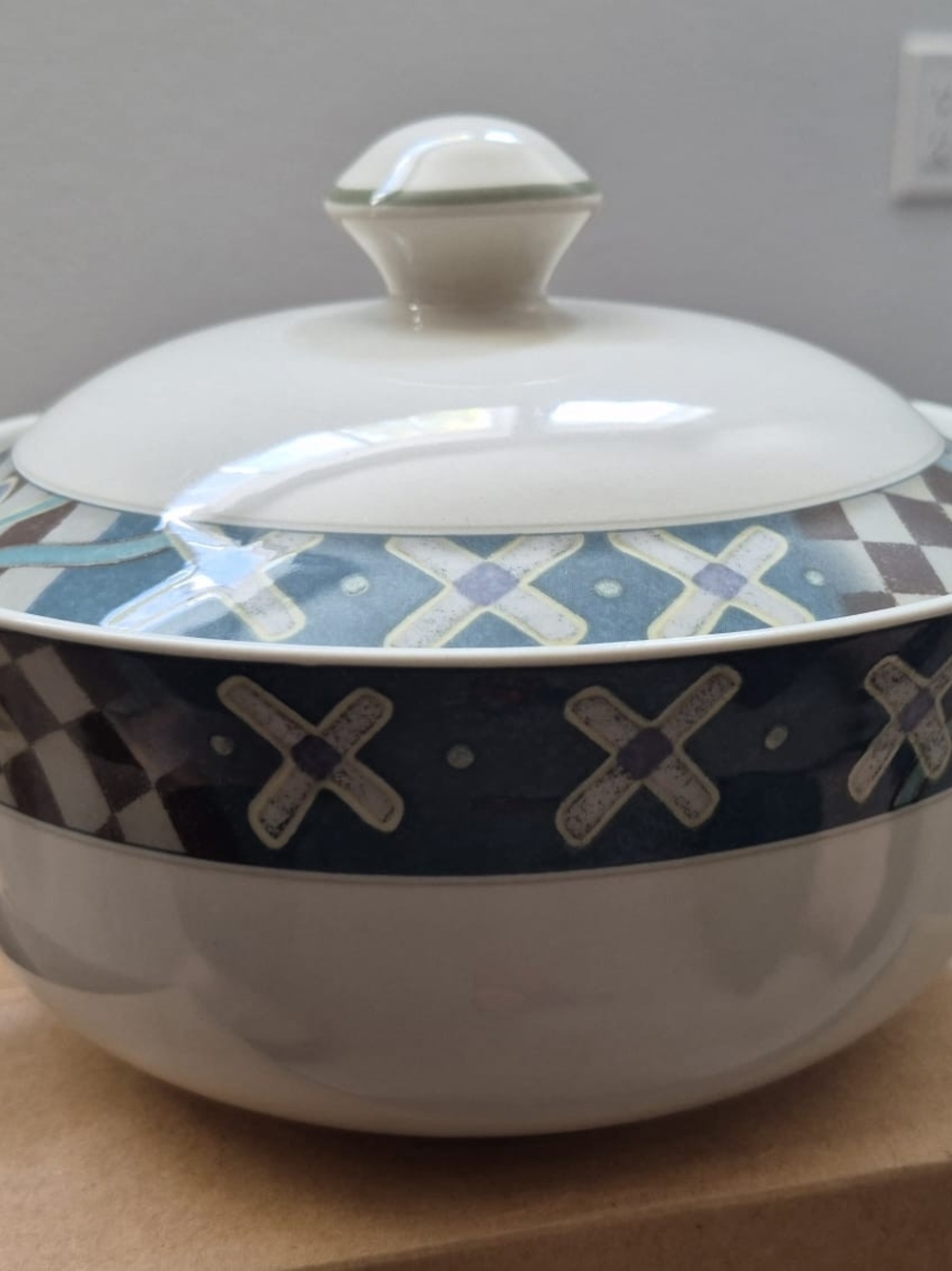 Two Covered Serving Bowl in White and Blue Pattern